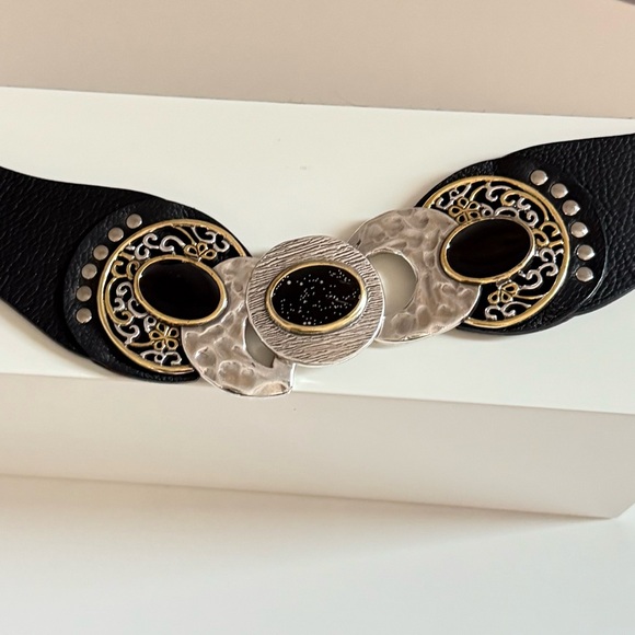 Chico’s..Black genuine leather elastic belt with gold and silver buckle. Size:L main image 12